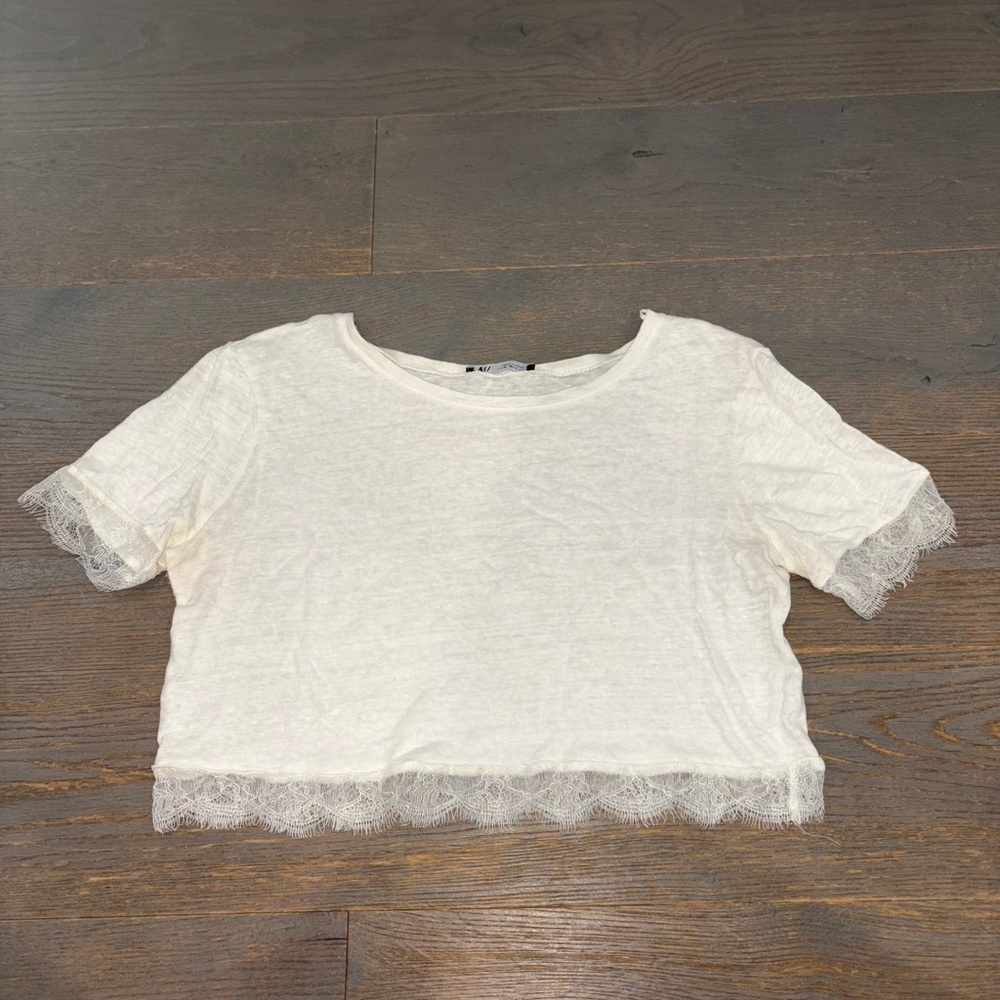 Zara White Lace Crop Top Short Sleeve